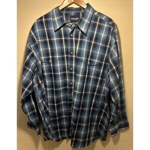 Wrangler Shirt‎ Mens 3XL Pearl Snap Western Blue White Long Sleeve Plaid